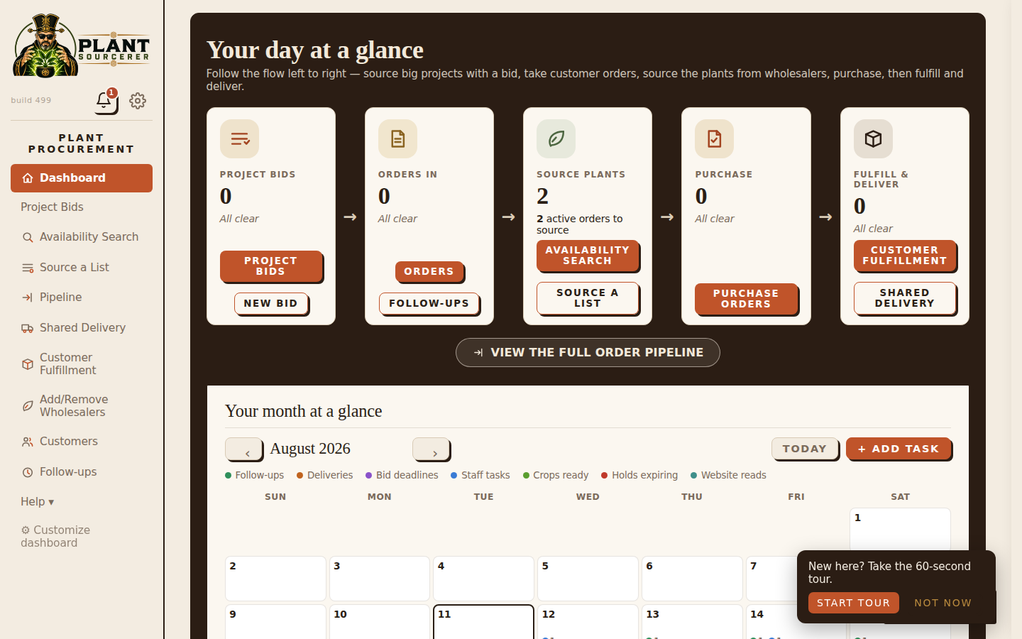 The procurer dashboard with the left rail and team calendar